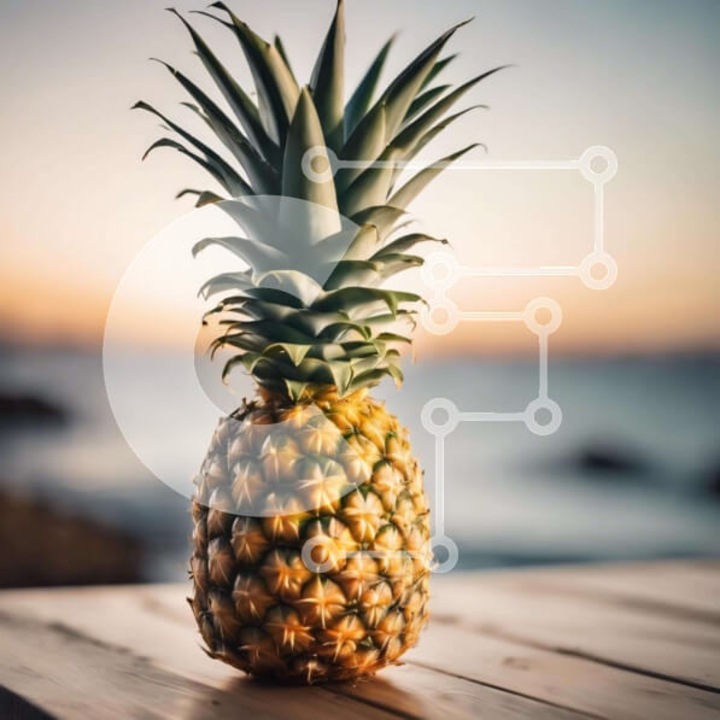 Puzzle din lemn Intrahome, ananas proaspat pe masa de lemn cu vedere la ocean, 10x10 cm, 25 piese, set in cutie de lemn wenge