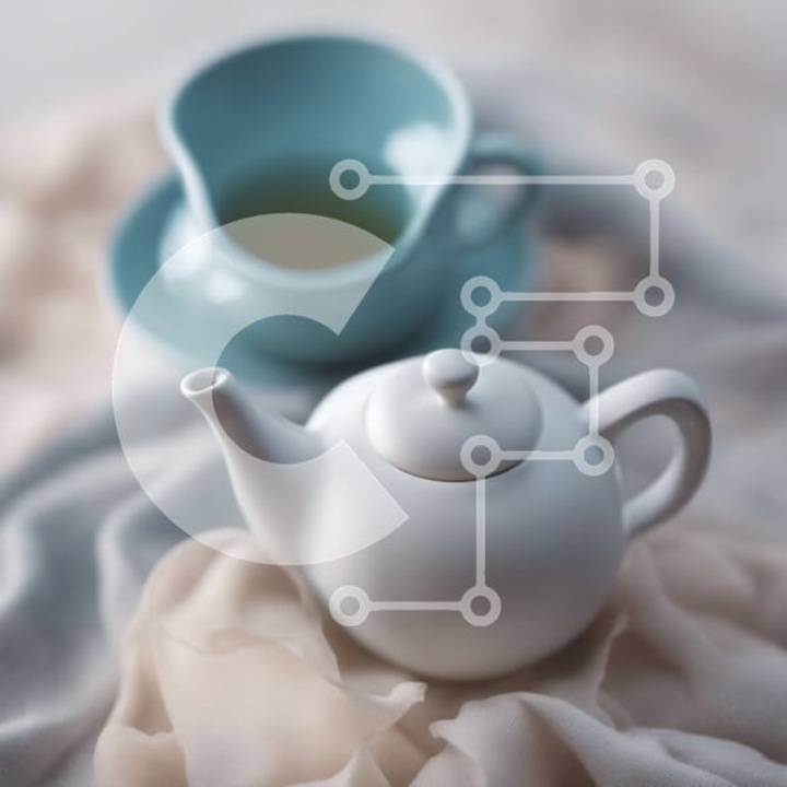 Puzzle din lemn Intrahome, 25 piese, imagine cu ceainic alb si farfurie albastra pe masa, 10x10 cm, cutie din lemn wenge