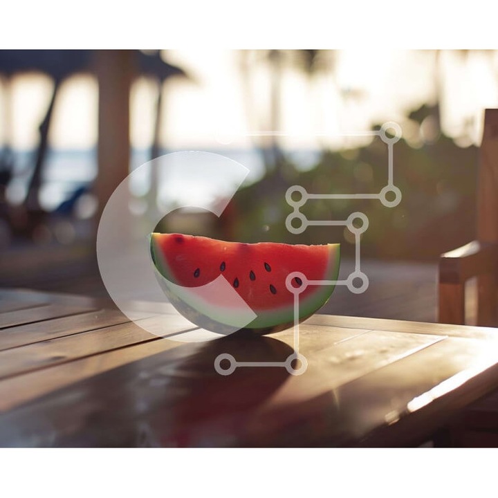 Puzzle din lemn Intrahome, imagine pepene rosu pe masa de lemn, 10x10 cm, 25 piese, set in cutie de lemn wenge