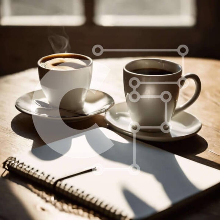 Puzzle din lemn Intrahome, 25 piese, 10x10 cm, imagine cu doua cesti de cafea pe o masa de lemn, cutie din lemn wenge.