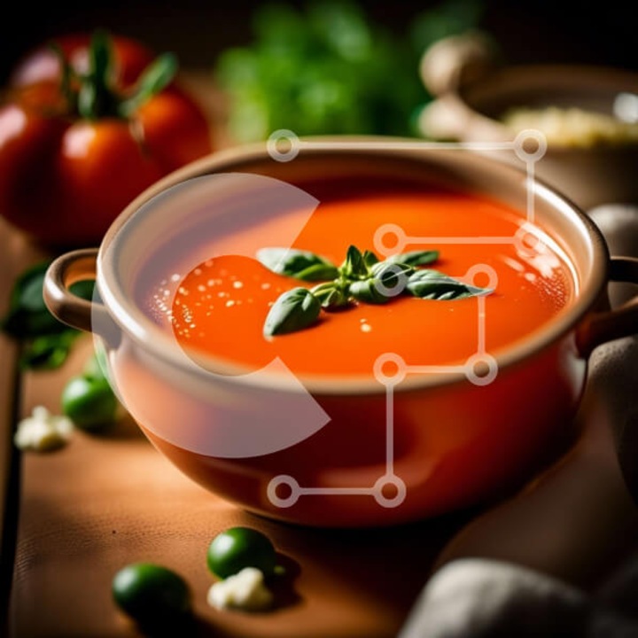 Puzzle din lemn Intrahome - Mbol cu supa de rosii si legume proaspete pe masa din lemn, set 25 piese, 10x10 cm