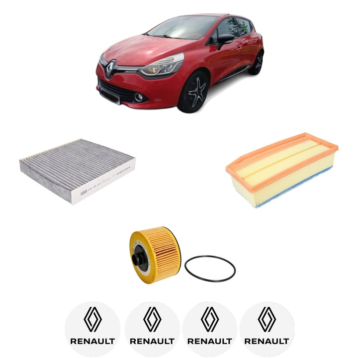 Pachet revizie RENAULT CLIO IV (BH_) 1.2 TCe 120 (BHAU) din 2016-2021, Contine filtru aer, ulei, polen habitaclu carbon MANN, 4x Stickere cu RENAULT