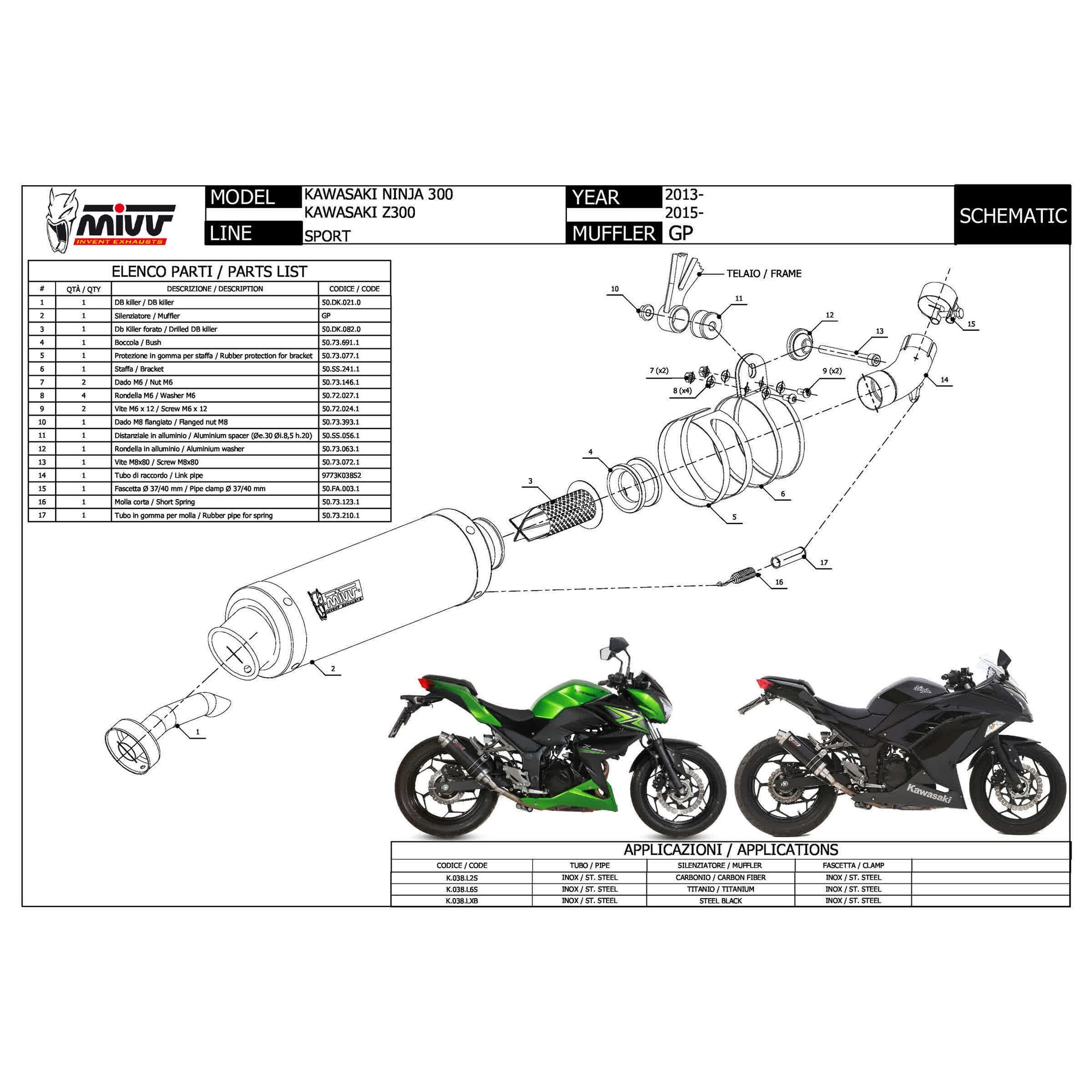 Ауспух MIVV GP Slip-on карбонов за Kawasaki Ninja 300, къс дизайн