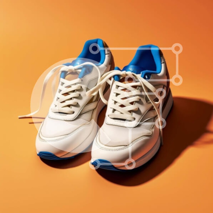 Puzzle Intrahome, 10x10 cm, 25 piese, imagine cu pantofi sport albi si bleumarin, detalii portocalii, cutie din lemn