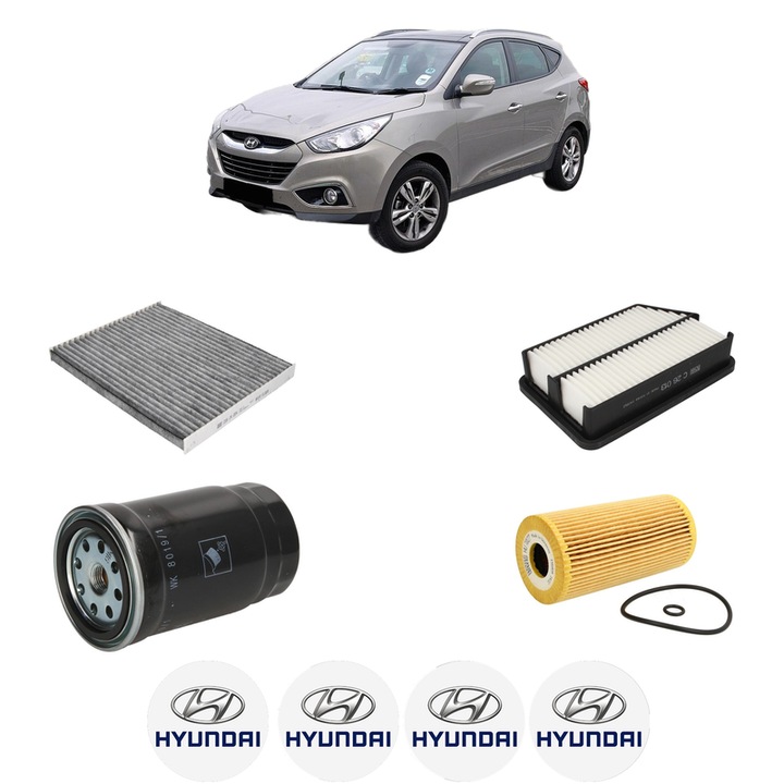 Pachet revizie HYUNDAI ix35 (LM, EL, ELH) 2.0 CRDi din 2010-2015, Contine filtru aer, ulei, combustibil, polen habitaclu carbon MANN, 4x Stickere cu HYUNDAI
