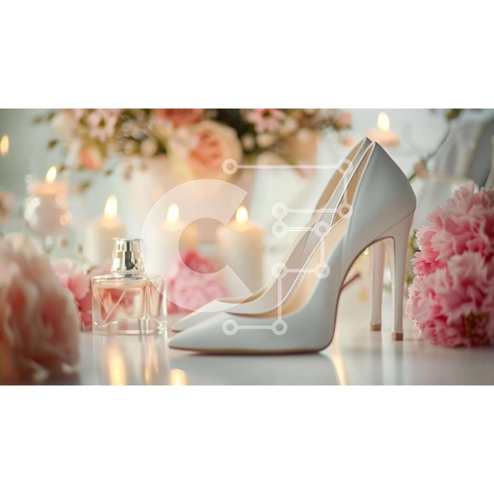 Puzzle Intrahome, 10x10 cm, 25 piese, design cu papuci albi, flori si lumanari, cutie din lemn wenge