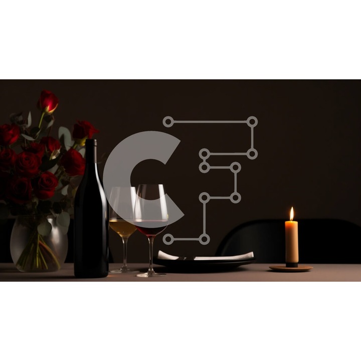 Puzzle Intrahome, 10x10 cm, 25 piese, design romantic cu masa si pahare de vin, cutie din lemn wenge