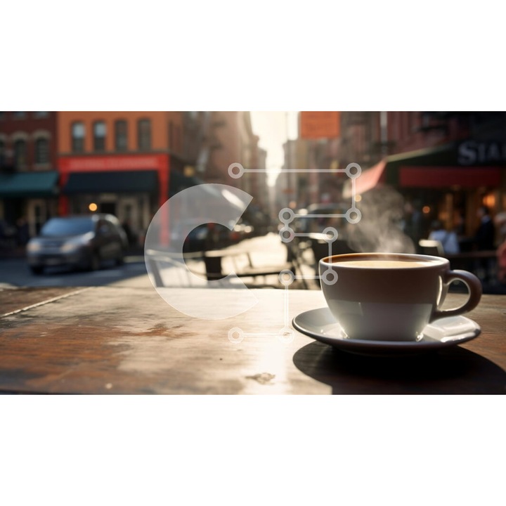 Puzzle din lemn Intrahome, 25 piese, imagine cu cafea pe masa in aer liber, 10x10 cm, cutie din lemn wenge