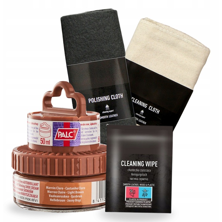 Set de ingrijire a incaltamintei, varf, maro deschis, pasta crema 2 in 1 50 ml cu aplicator, 1 buc. servetel pentru piele, laveta din bumbac, laveta de lustruit, multicolor, 4 bucati, material: bumbac, poliester, renovare eficienta, protectie la