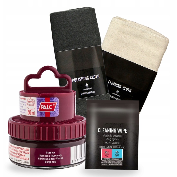 Set de ingrijire a incaltamintei, crema de pantofi, 50ml, servetel pentru piele 1 buc., laveta din bumbac, laveta de lustruit, visiniu, 4 bucati, material: bumbac, poliester, renovare eficienta, protectie si ingrijire, aplicare usoara, utilizare