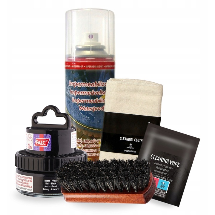 Set de ingrijire a incaltamintei, pentru degete, crema de lustruit pantofi 2 in 1 cu aplicator 50 ml, impregnare Aqua Stop 200 ml, 1 servetel de curatare, laveta din bumbac, perie de curatare de 12 cm, negru, 5 elemente, material: ceara, renovare