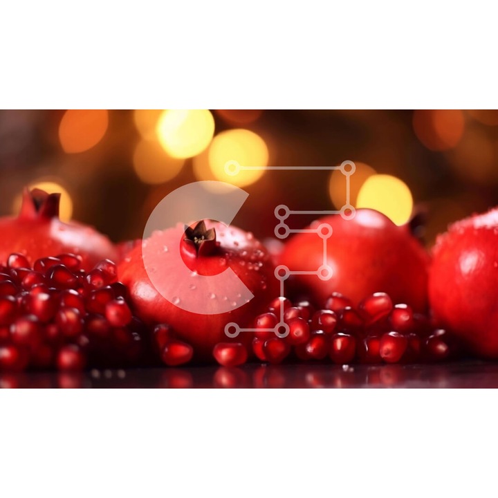 Puzzle din lemn Intrahome, set 25 piese, imagine cu rodii rosii pe masa decorativa, 10x10 cm, cutie din lemn wenge.