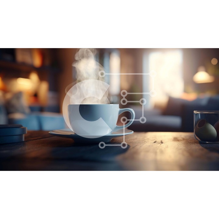 Puzzle din lemn Intrahome, 25 piese, imagine cu cafea pe masa din lemn, 10x10 cm, cutie din lemn wenge