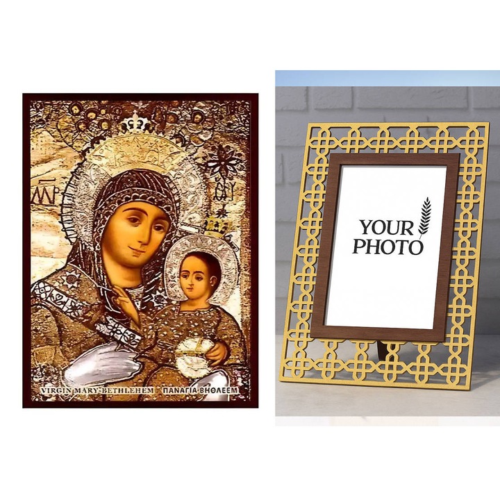 Icoana ortodoxa Panagia Bethleemitissa, Intrahome, 10x7 cm, lemn, cu perigrama aurie