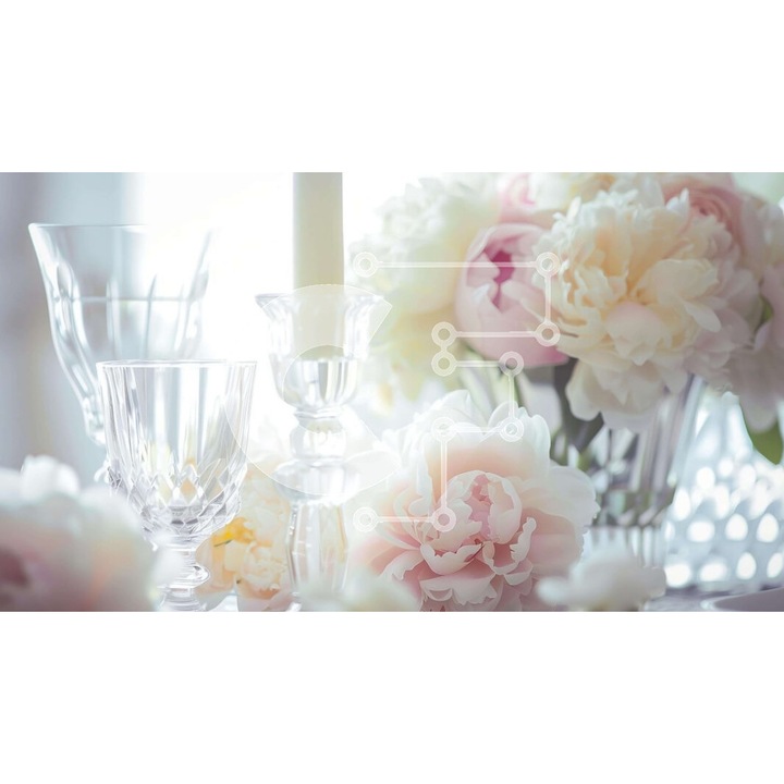 Puzzle din lemn Intrahome, 10x10cm, 25 piese, imagine cu masa eleganta si flori albe si roz, cutie din lemn wenge