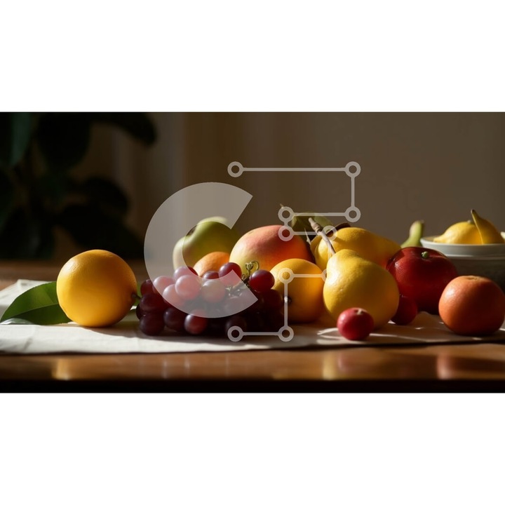 Puzzle din lemn Intrahome, 25 piese, fructe multicolore pe masa, 10x10 cm, cutie din lemn wenge