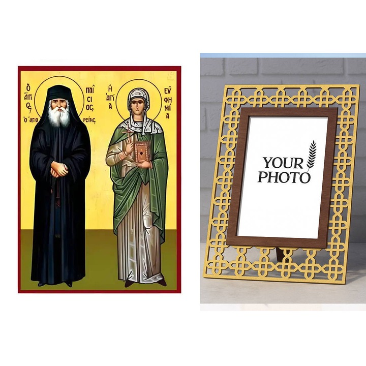 Icoana ortodoxa, Intrahome, Sf. Paisie si Sf. Euphemia, 10x7 cm, lemn