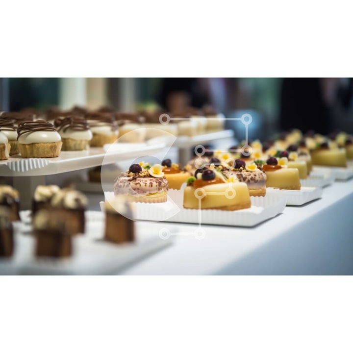 Puzzle din lemn Intrahome, 25 piese, imagine cu deserturi pe masa, 10x10 cm, cutie din lemn wenge