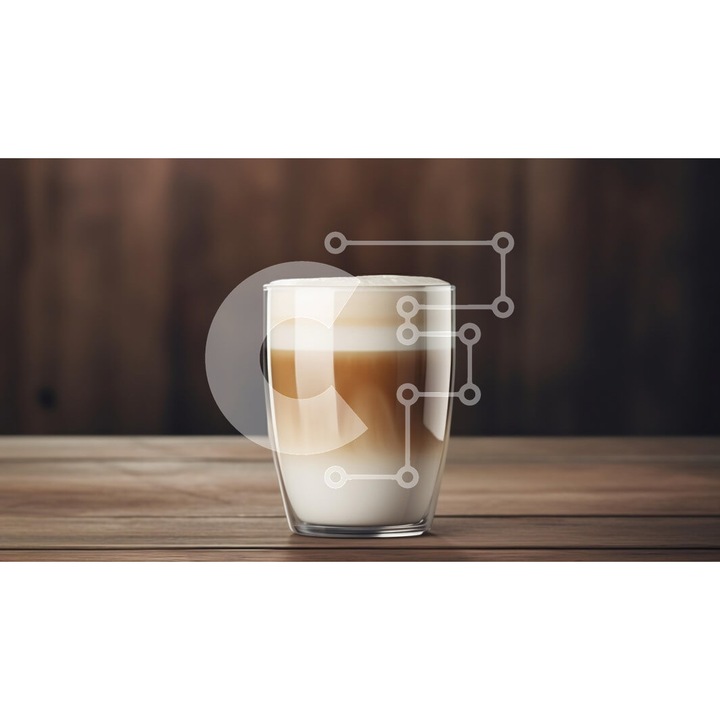 Puzzle din lemn Intrahome, latte cu stropi intr-un pahar pe un masa din lemn, set 25 piese, 10x10 cm, cutie din lemn wenge.