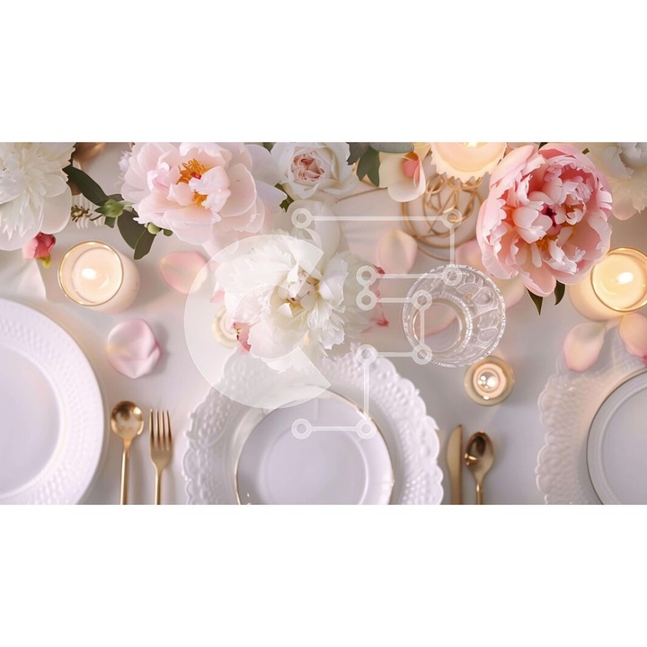 Puzzle din lemn Intrahome, set 25 piese, imagine cu masa, farfurii albe, tacamuri aurii, 10x10 cm, cutie din lemn wenge.