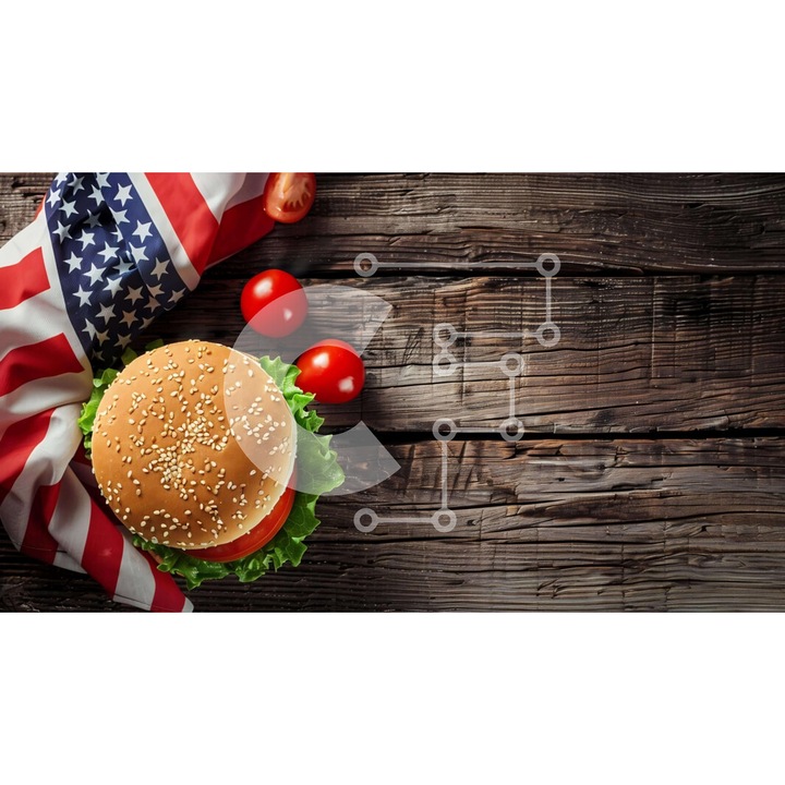 Puzzle din lemn Intrahome - Burger cu rosii si salata pe masa - 25 piese - 10x10 cm - Set in cutie de lemn