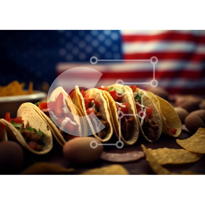 Puzzle din lemn Intrahome, Tacos pe un masa din lemn cu steagul american, 10x10 cm, 25 piese, cutie din lemn wenge