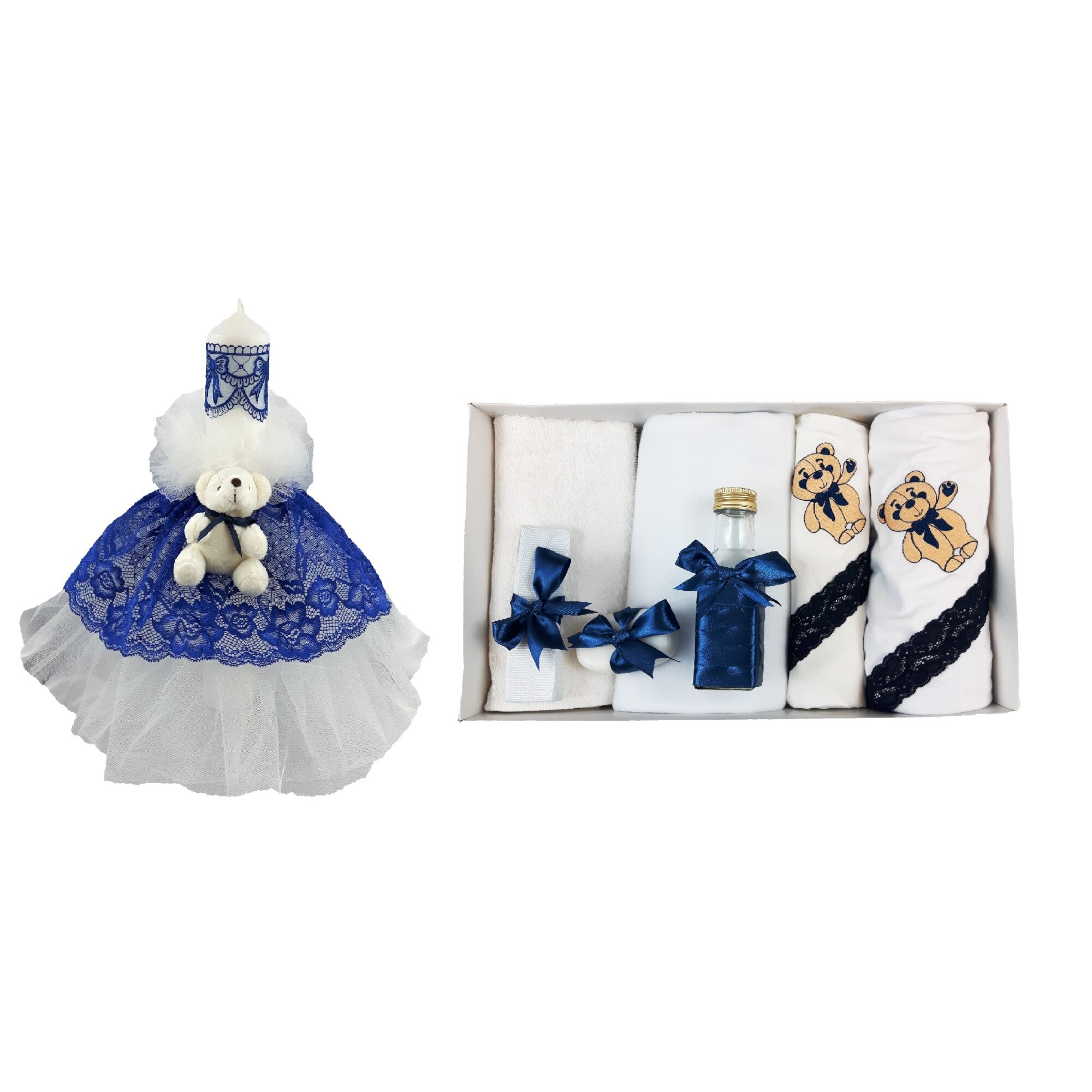 Set botez doua piese motiv ursulet, lumanare dantela bleumarin si trusou bleumarin brodat cu ursulet pentru baieti/fete