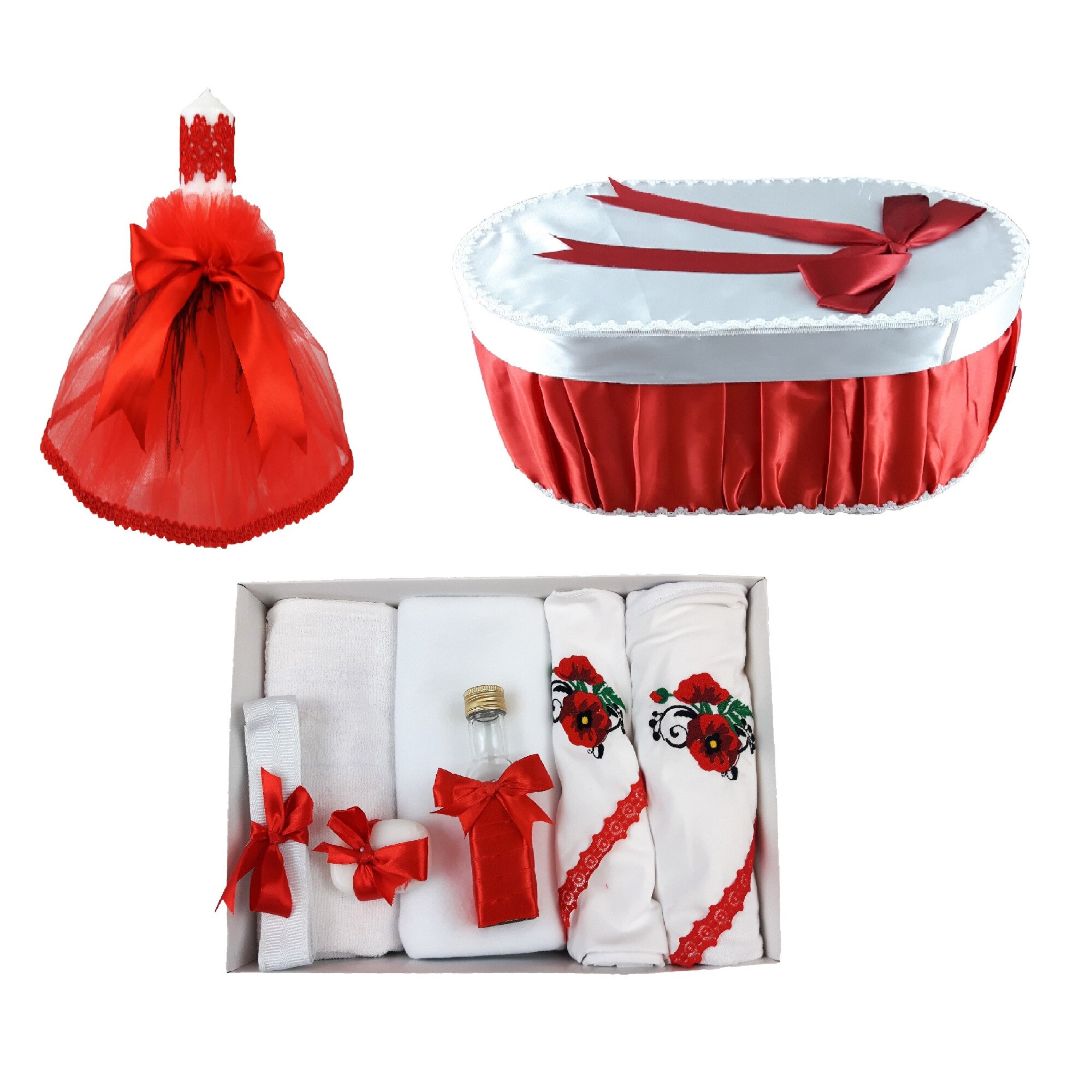 Set botez culoare rosie, trei piese, lumanare cu dantela si pene, cutie transport trusou si trusou brodat cu flori pentru fete