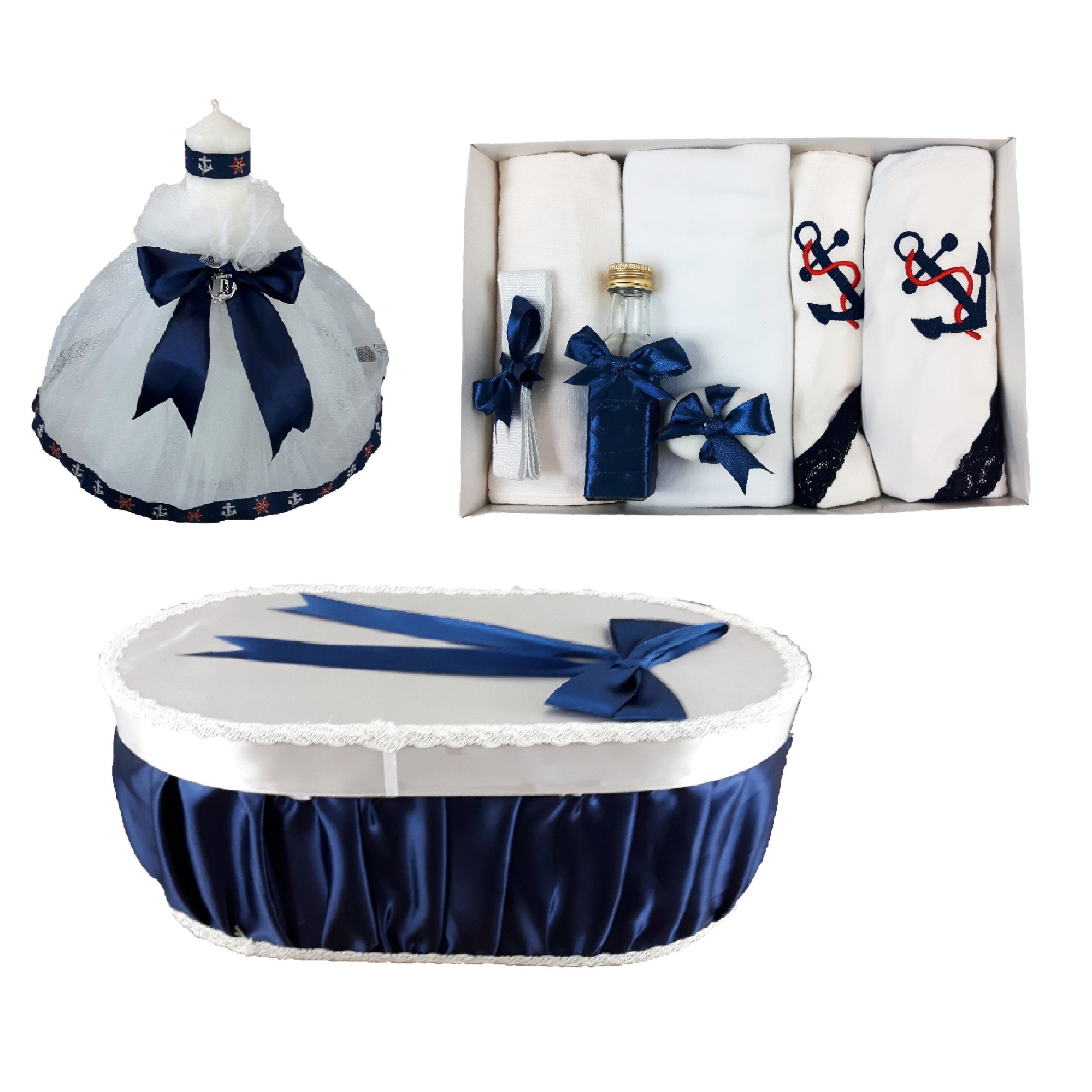 Set botez trei piese, motiv marinar, lumanare cu ancora, cutie transport trusou si trusou brodat cu ancora pentru baieti-fete