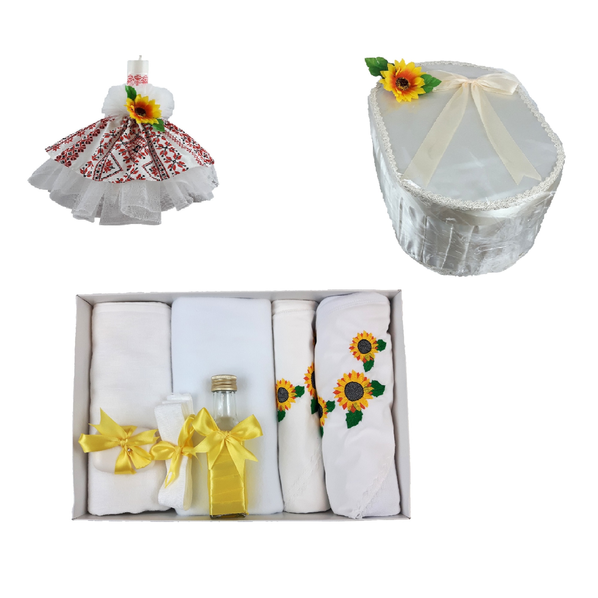 Set botez trei piese, motiv floarea soarelui, lumanare, cutie transport trusou si trusou brodat cu floarea soarelui pentru baieti-fete