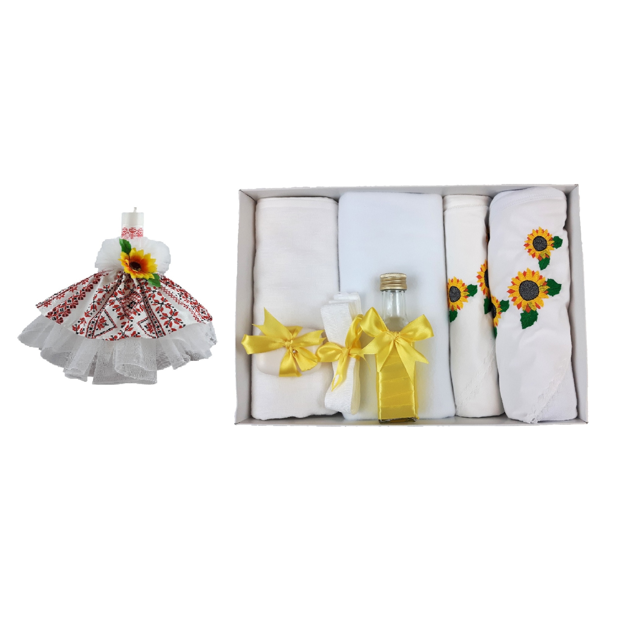 Set botez doua piese, motiv floarea soarelui, lumanare si trusou brodat cu floarea soarelui pentru baieti-fete