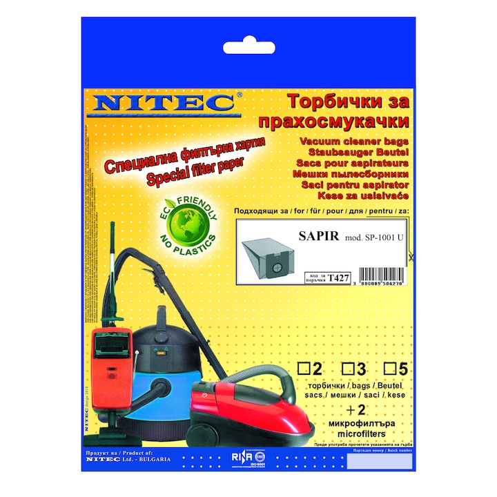 Saci pentru aspiratoare, NITEC, cod T427, 2 saci, compatibilitatea este mentionata pe ambalaj