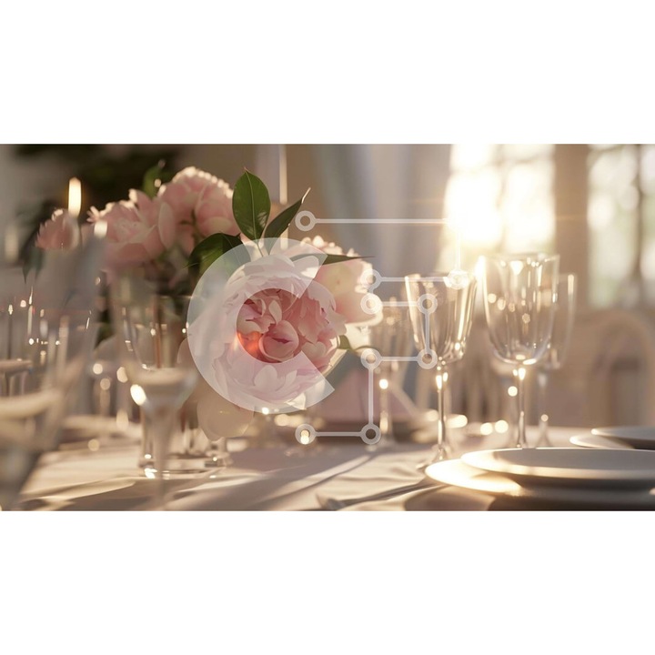 Puzzle din lemn Intrahome, set compus, 25 piese, 10x10 cm, imagine cu masa eleganta si flori roz