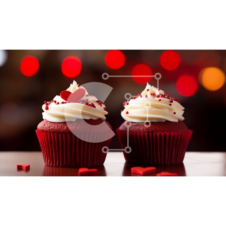 Puzzle din lemn Intrahome - Cupcakes rosii cu inimioare pe masa, 10x10 cm, 25 piese, set in cutie de lemn wenge