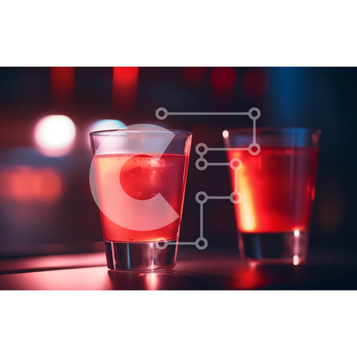 Puzzle din lemn Intrahome, 25 piese, 10x10 cm, doua pahare rosii pe o masa, cutie din lemn wenge