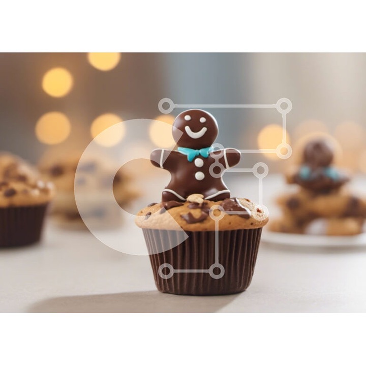 Puzzle din lemn Intrahome - Doi cupcakes cu melopsomo si biscuiti pe o masa, 10x10 cm, 25 piese, set in cutie de lemn wenge