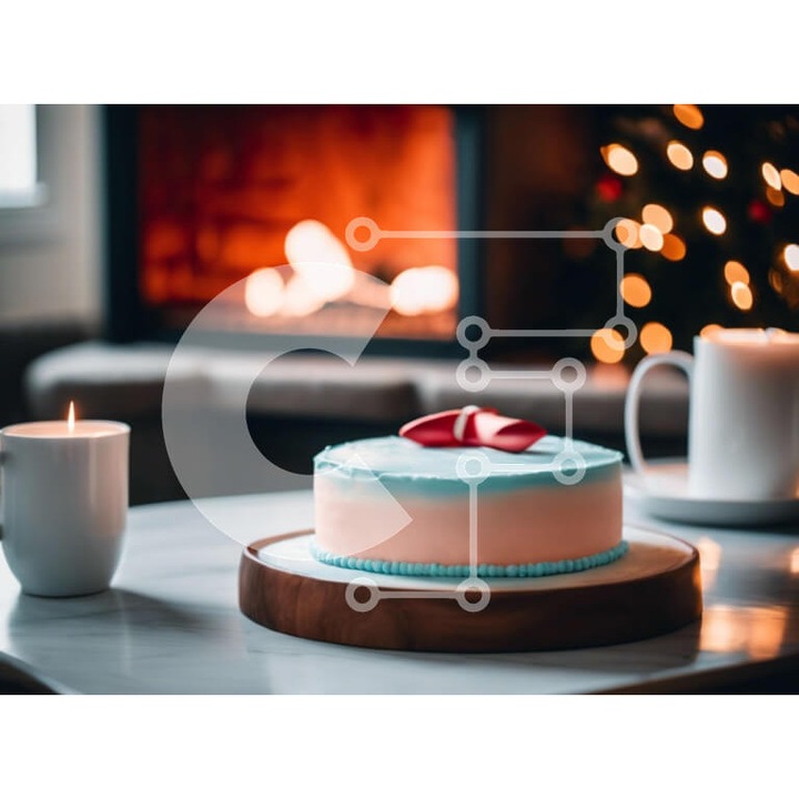 Puzzle din lemn Intrahome, 10x10 cm, 25 piese, tort alb si albastru pe masa, cutie din lemn wenge