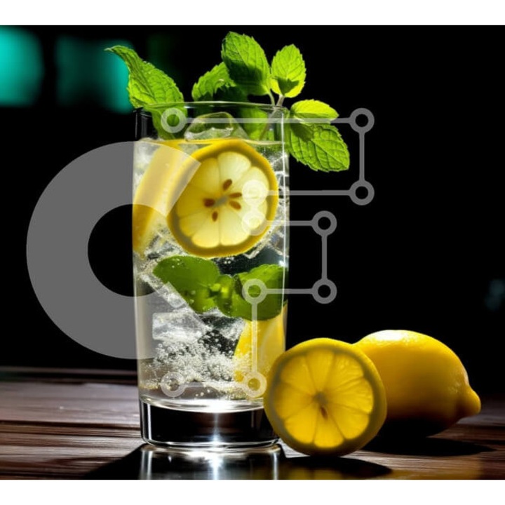 Puzzle din lemn Intrahome, 10x10cm, 25 piese, design limonada cu gheata si frunze de menta, cutie din lemn wenge