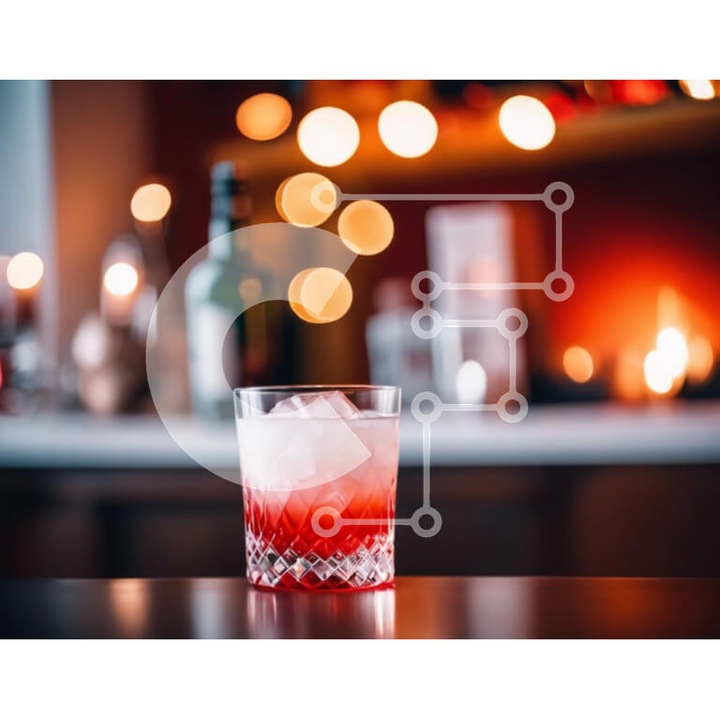 Puzzle din lemn Intrahome, cocktail rosu pe masa de bar, 25 piese, 10x10 cm, cutie din lemn wenge