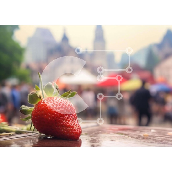 Puzzle din lemn Intrahome, 25 piese, 10x10cm, imagine cu capsuni rosii pe masa, cutie din lemn wenge