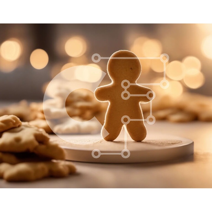 Puzzle din lemn Intrahome - Gingerbread Man cu biscuiti pe masa, 10x10 cm, 25 piese, cutie din lemn wenge