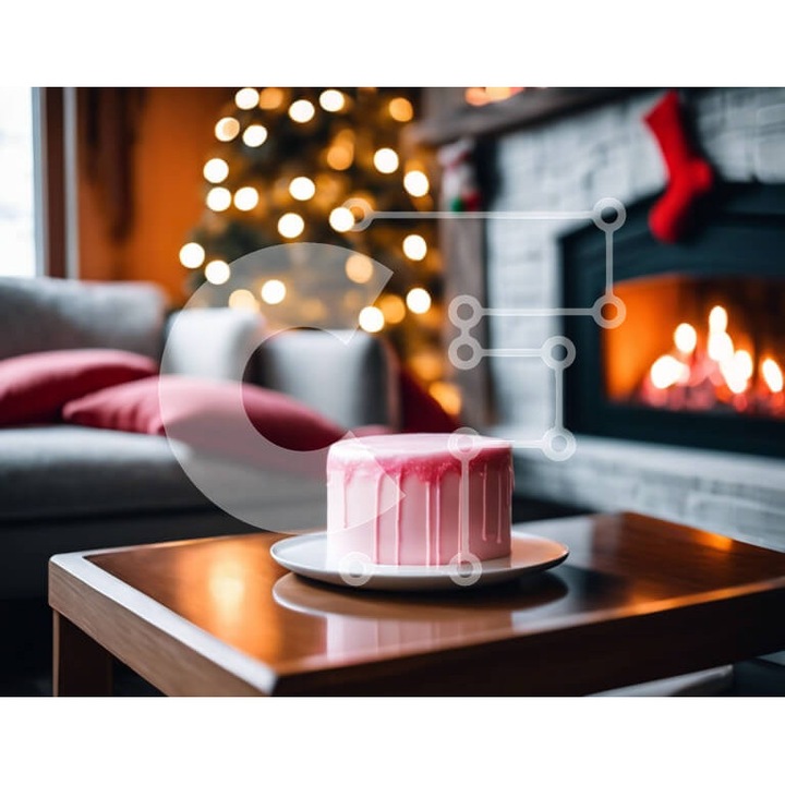 Puzzle din lemn Intrahome - Roz keik pe masa cu semineu, 10x10 cm, 25 piese, set in cutie de lemn wenge