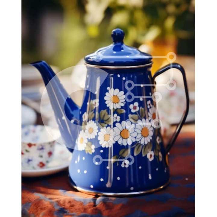 Puzzle din lemn Intrahome, manastire albastra cu perle albe pe masa de exterior, 10x10 cm, 25 piese, set in cutie de lemn wenge