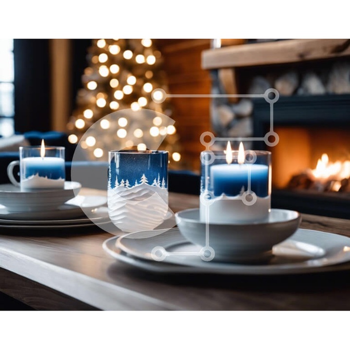 Puzzle din lemn Intrahome, masa festiva cu detalii albastre, 10x10 cm, 25 piese, cutie din lemn wenge