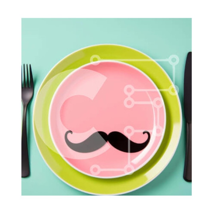 Puzzle din lemn Intrahome, set 25 piese, design masa cu farfurie roz si farfurie in forma de mustata pe fata de masa verde, 10x10cm