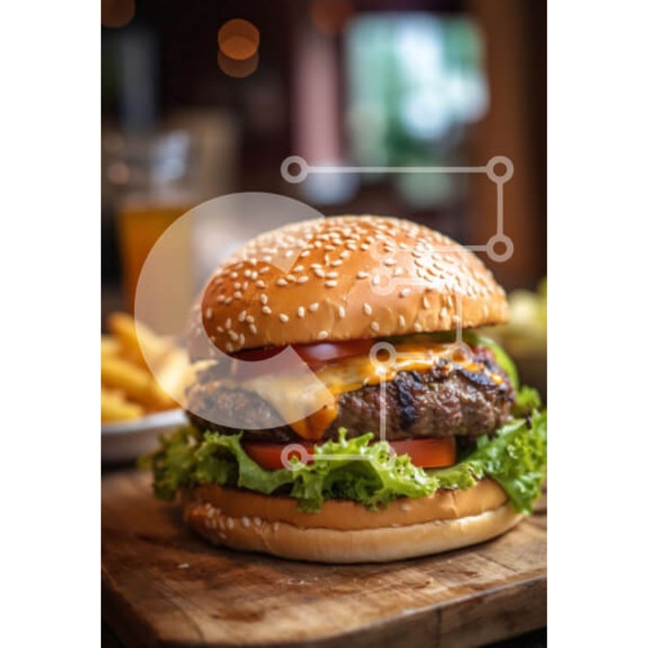 Puzzle din lemn Intrahome - Cheeseburger cu cartofi prajiti pe masa, 10x10 cm, 25 piese, cutie din lemn wenge