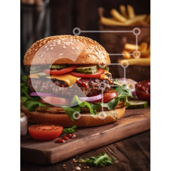 Puzzle din lemn Intrahome - Cheeseburger cu salata, rosii si cartofi prajiti pe masa rustica, 10x10 cm, 25 piese