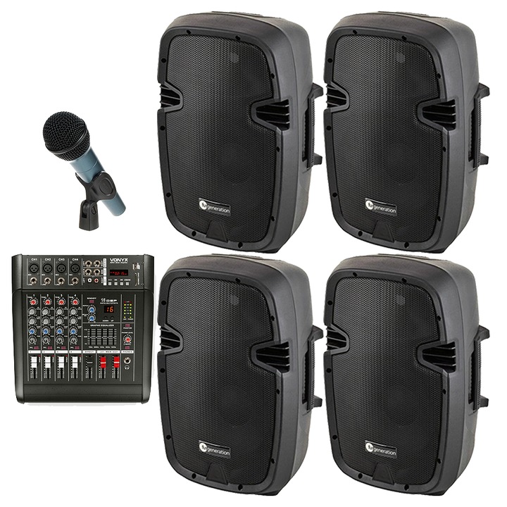 Sistem Audio Cu Mixer Amplificat, 4 Boxe, Bluetooth, Usb, 2X175W