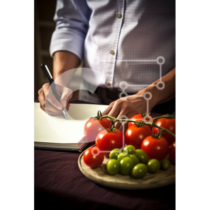 Puzzle din lemn Intrahome - Andras scriind la masa cu legume proaspete, 25 piese, 10x10 cm, cutie din lemn wenge