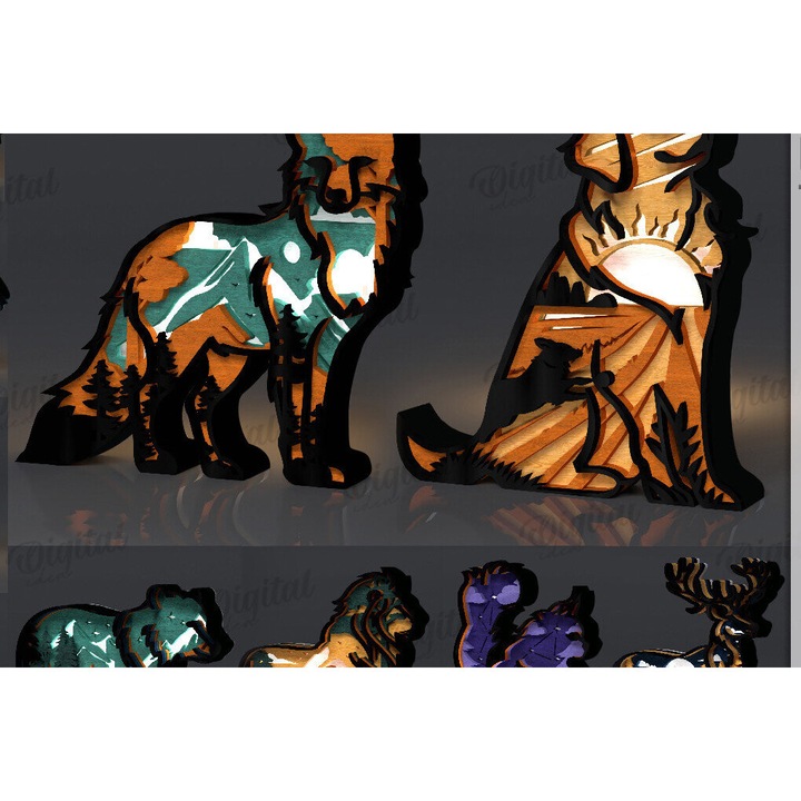 Lampa de veghe copii, Intrahome, 3D Animals Nightlights, 30x20 cm, din plywood 3mm-4mm, pentru decorare si proiecte DIY